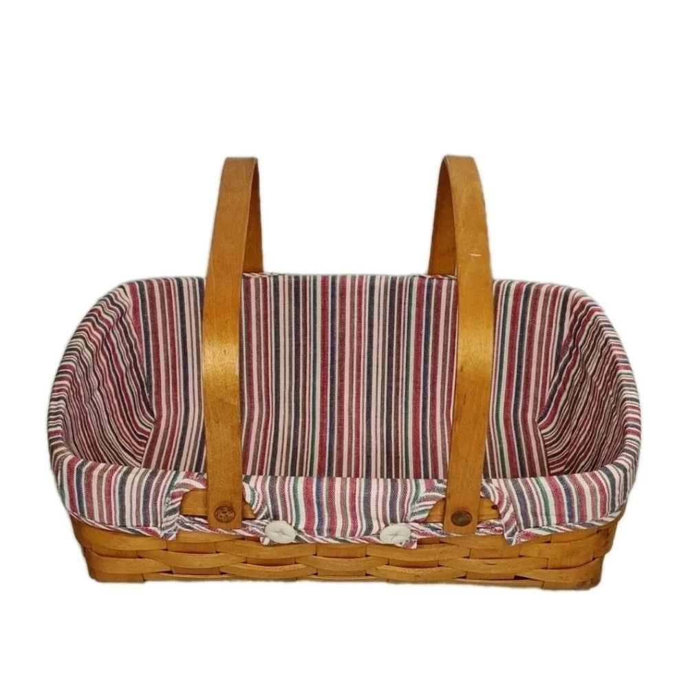 Vtg 90s Longaberger Med Gathering Basket Double Handle Nautical Striped Liner